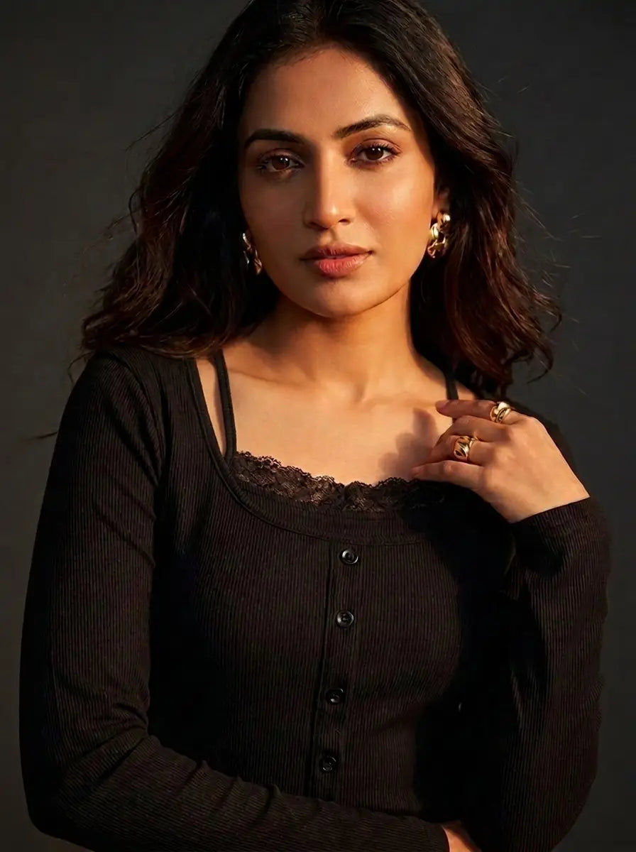 Black Lace-Trim Button Top