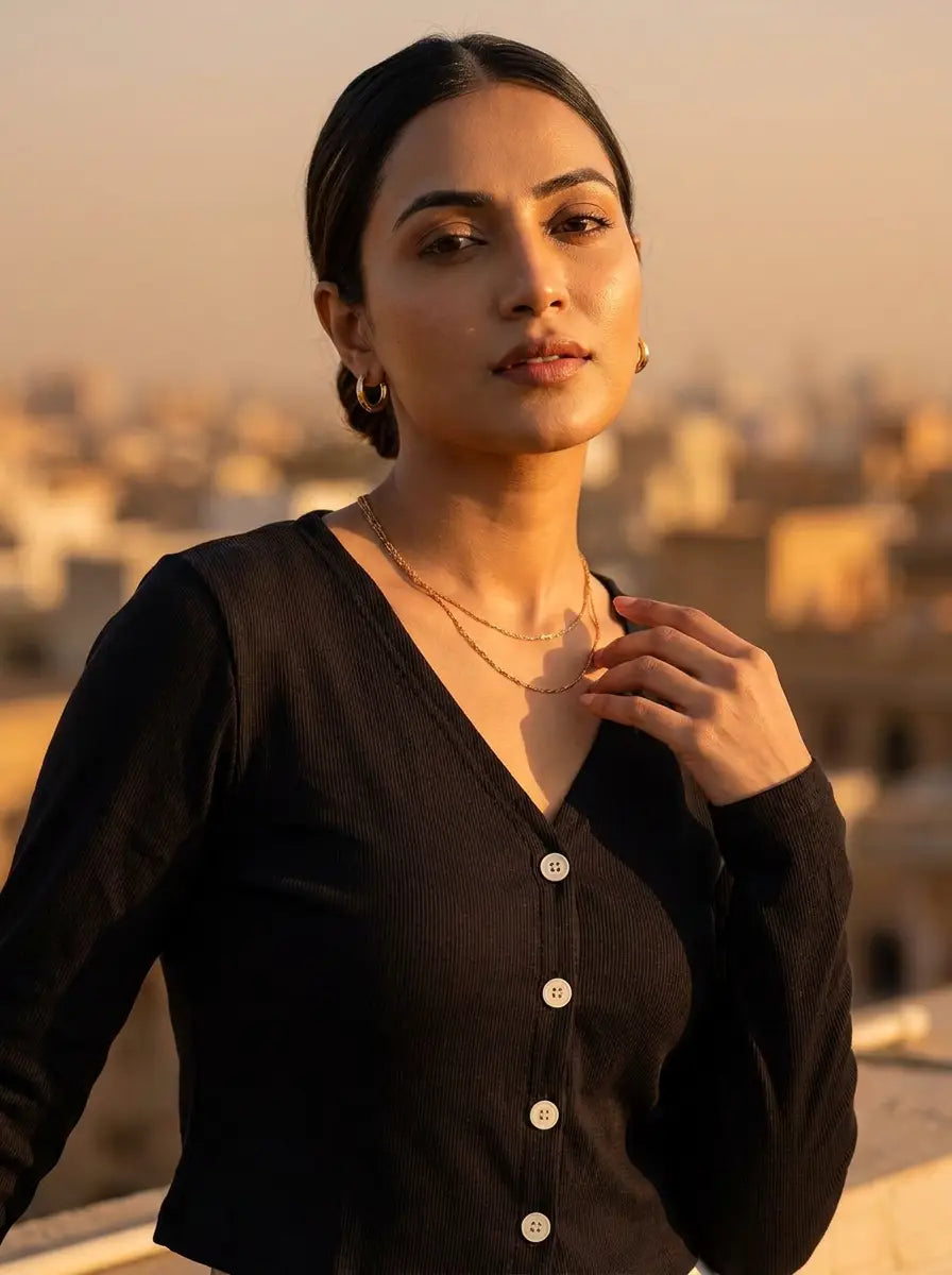 Black V-Neck Button-Front Top