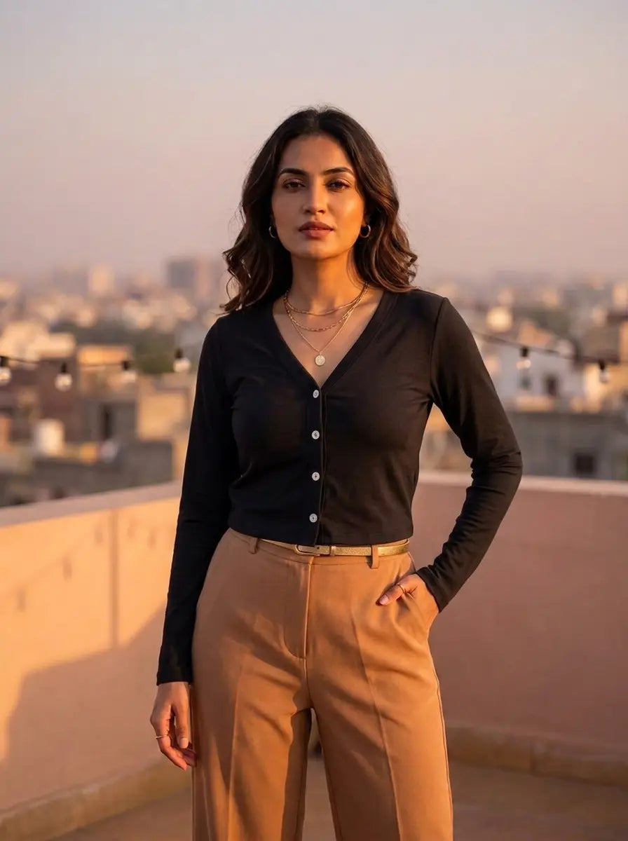 Black V-Neck Button-Front Top