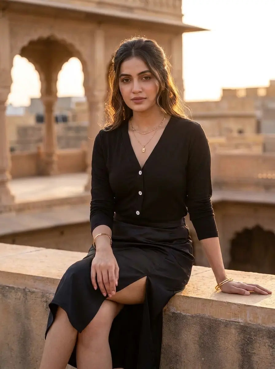Black V-Neck Button-Front Top