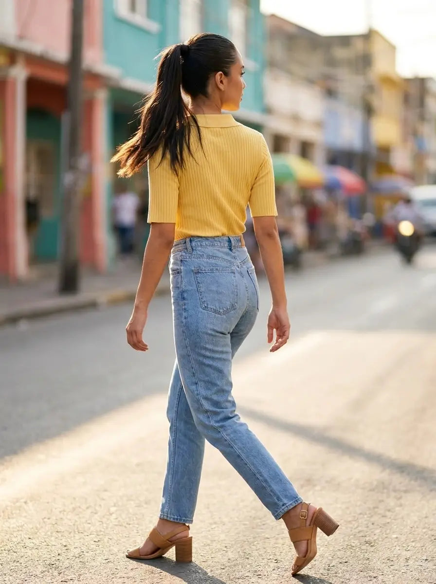 Yellow Shirt-Style Ribbed Top