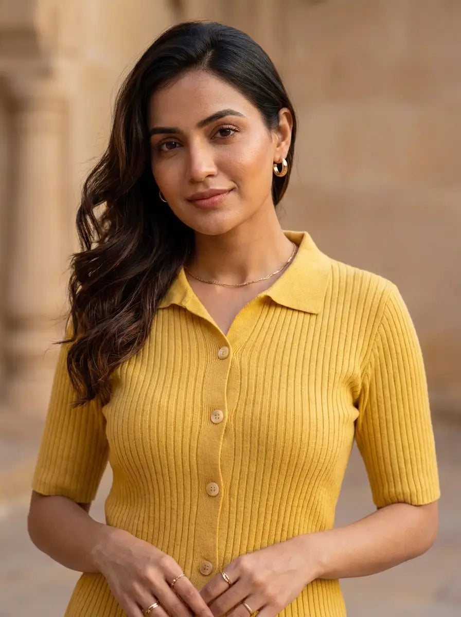Yellow Shirt-Style Ribbed Top