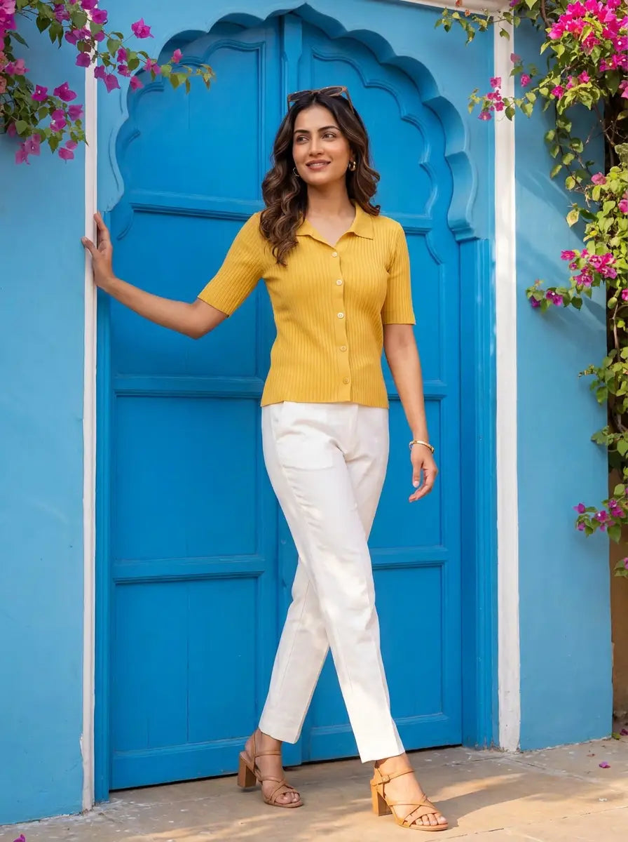Yellow Shirt-Style Ribbed Top