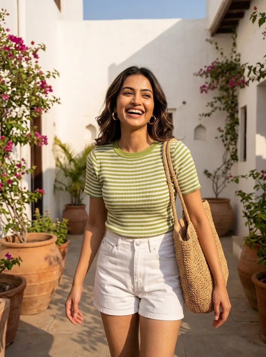 Green Stripe Crew Neck Top