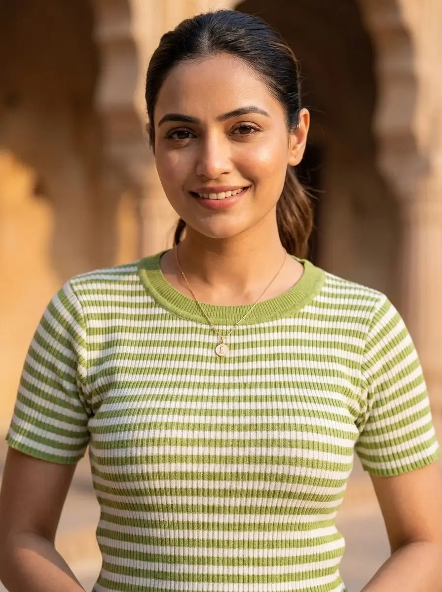 Green Stripe Crew Neck Top