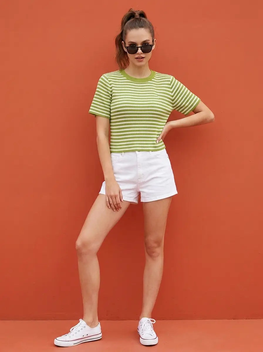 Green Stripe Crew Neck Top