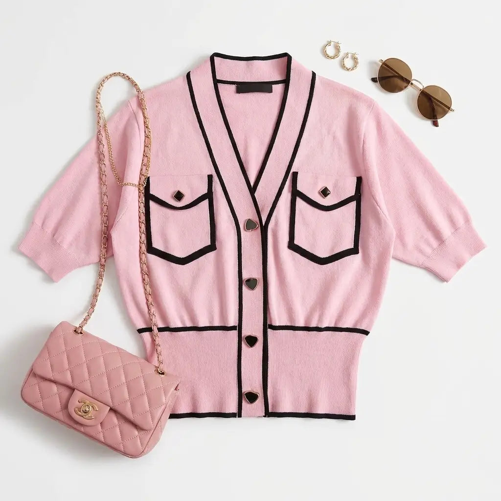 Pink Contrast-Trim Cardigan