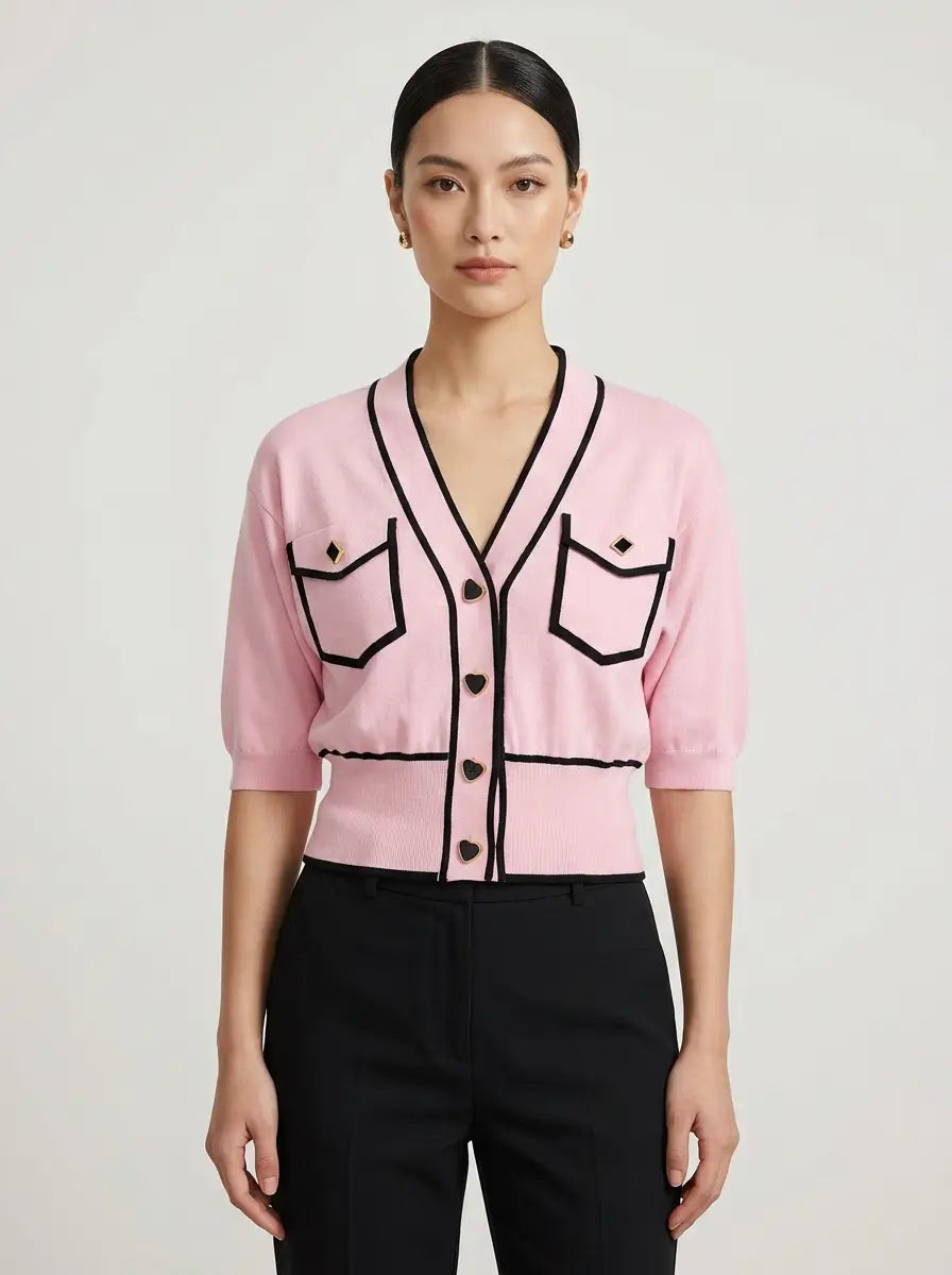 Pink Contrast-Trim Cardigan