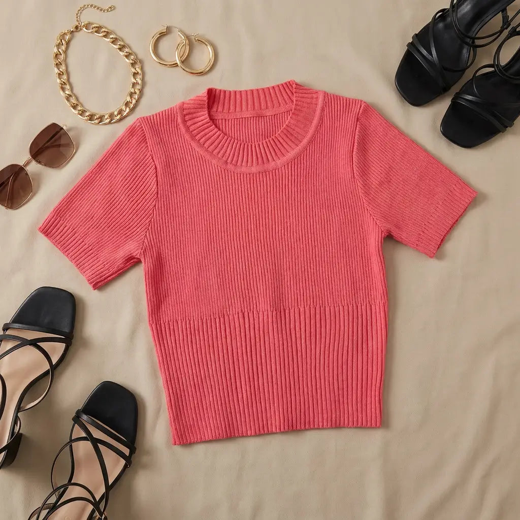 Coral Pink Ribbed Top