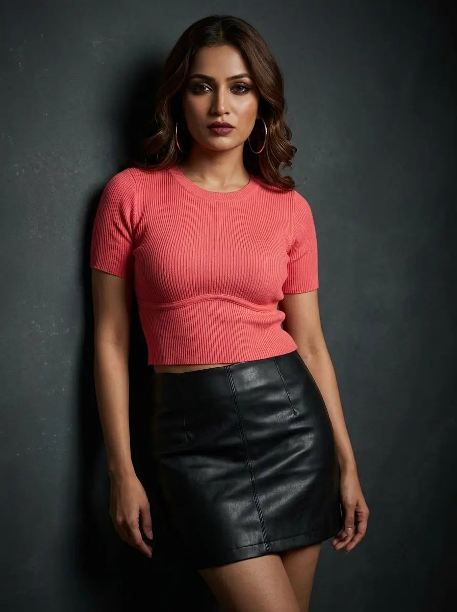 Coral Pink Ribbed Top