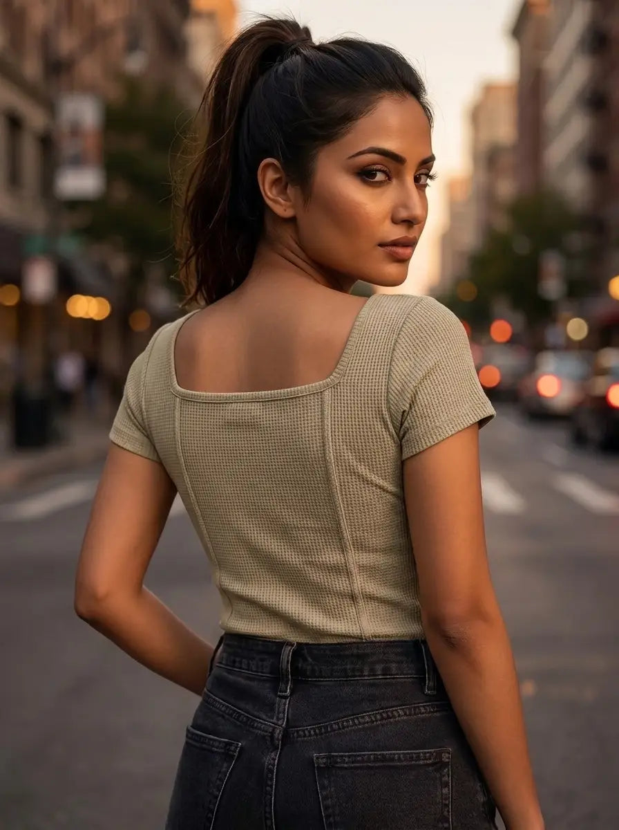 Sage Button-Front Ribbed Top