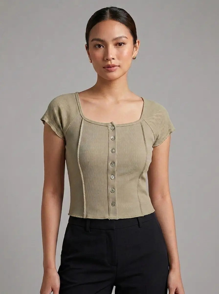 Sage Button-Front Ribbed Top