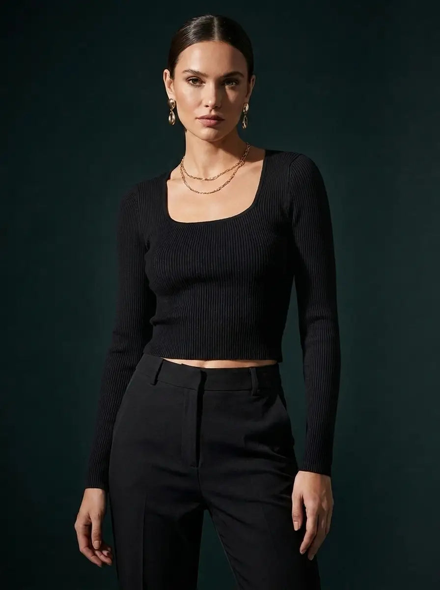 Black Square-Neck Ribbed Top