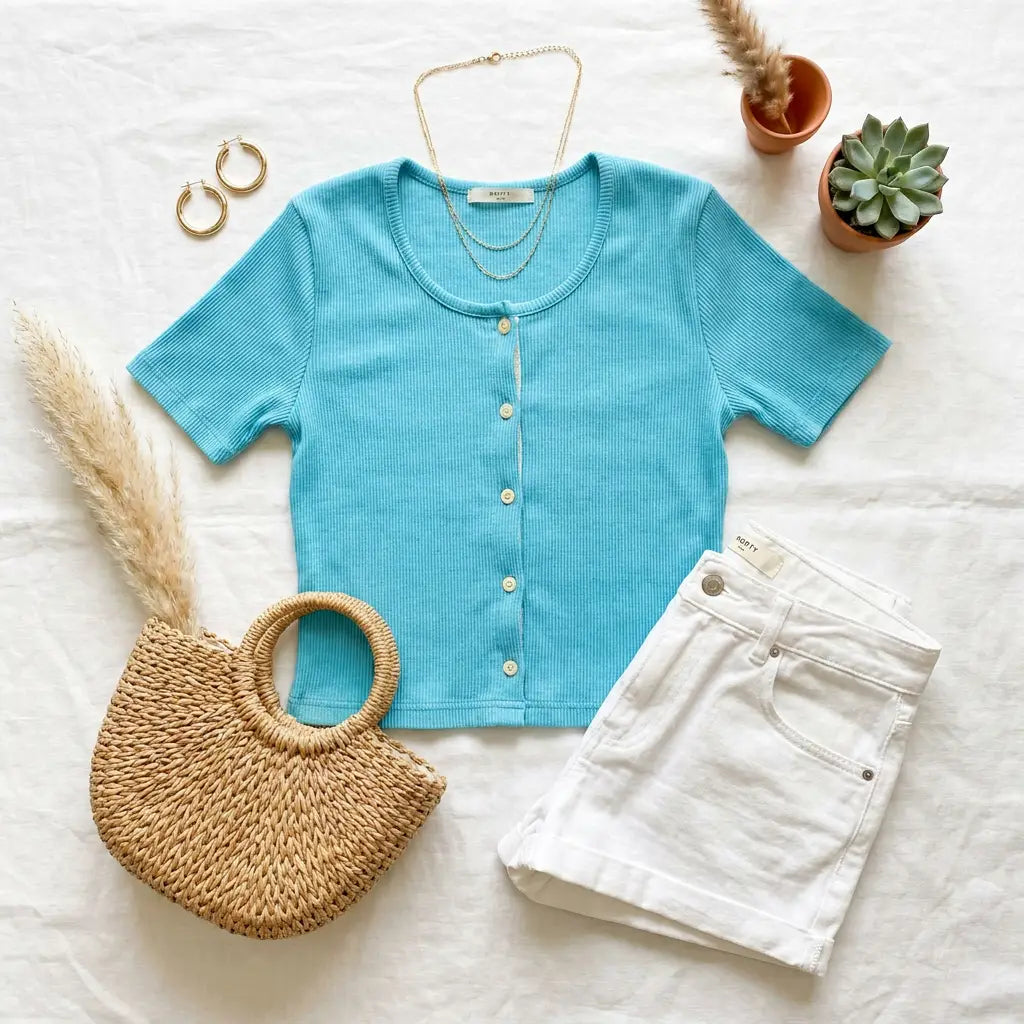 Turquoise Button-Front Ribbed Top