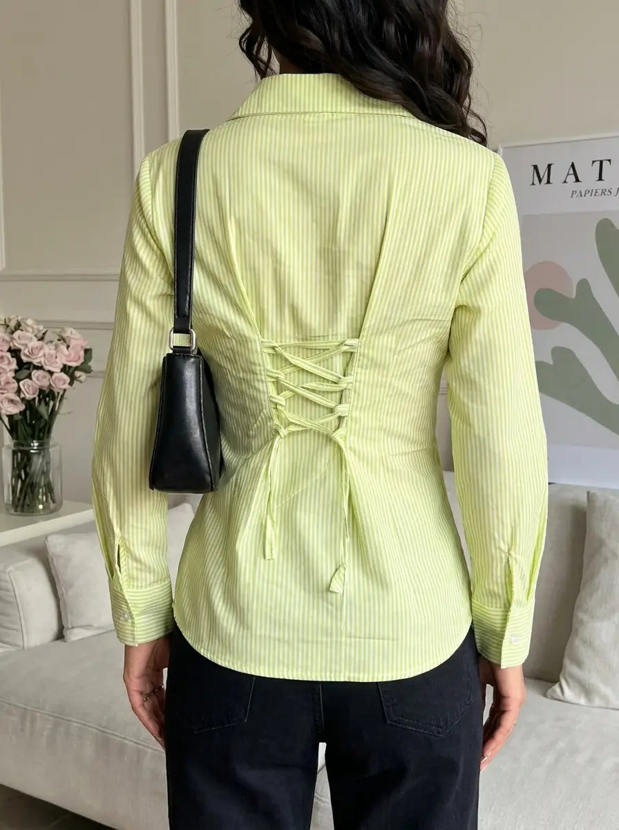 Green Stripe Corset-Back Shirt