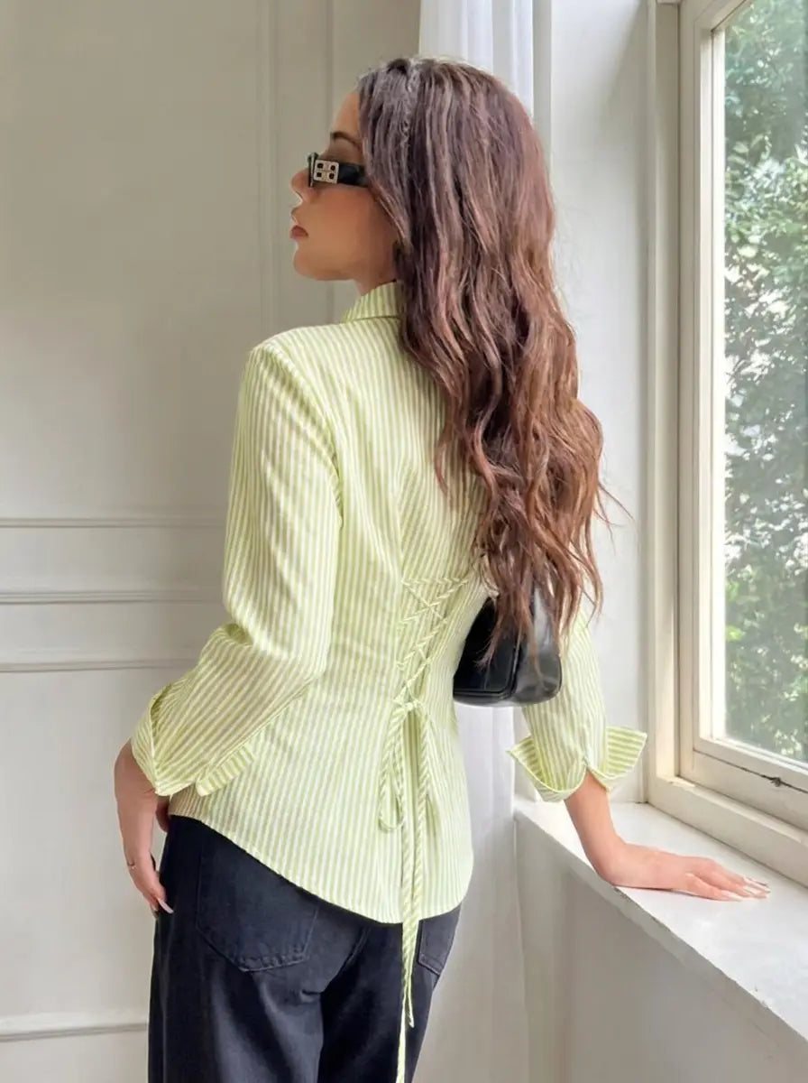 Green Stripe Corset-Back Shirt