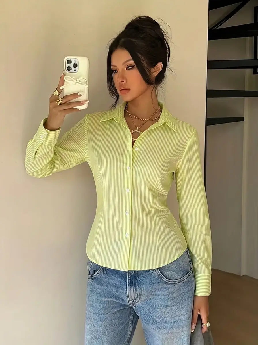 Green Stripe Corset-Back Shirt