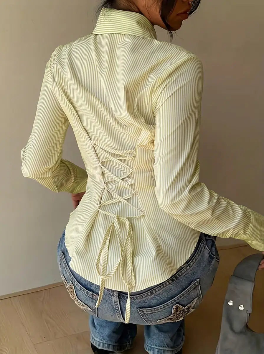 Green Stripe Corset-Back Shirt