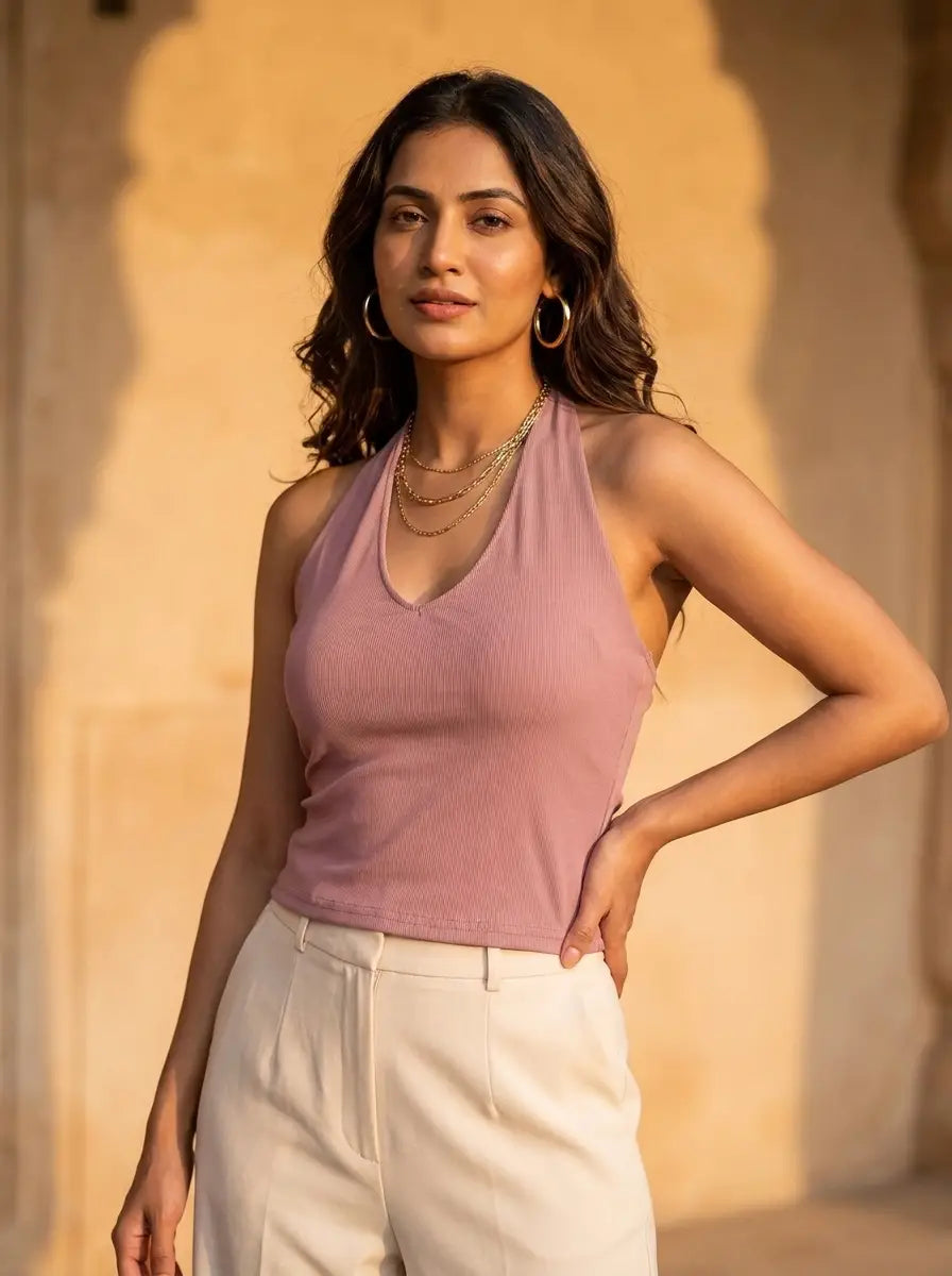 Blush Pink Ribbed Halter Top