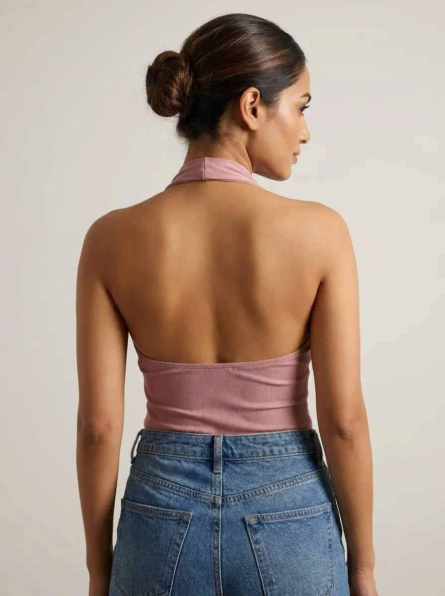 Blush Pink Ribbed Halter Top