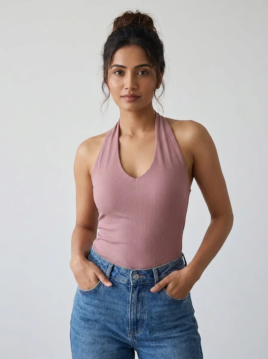 Blush Pink Ribbed Halter Top